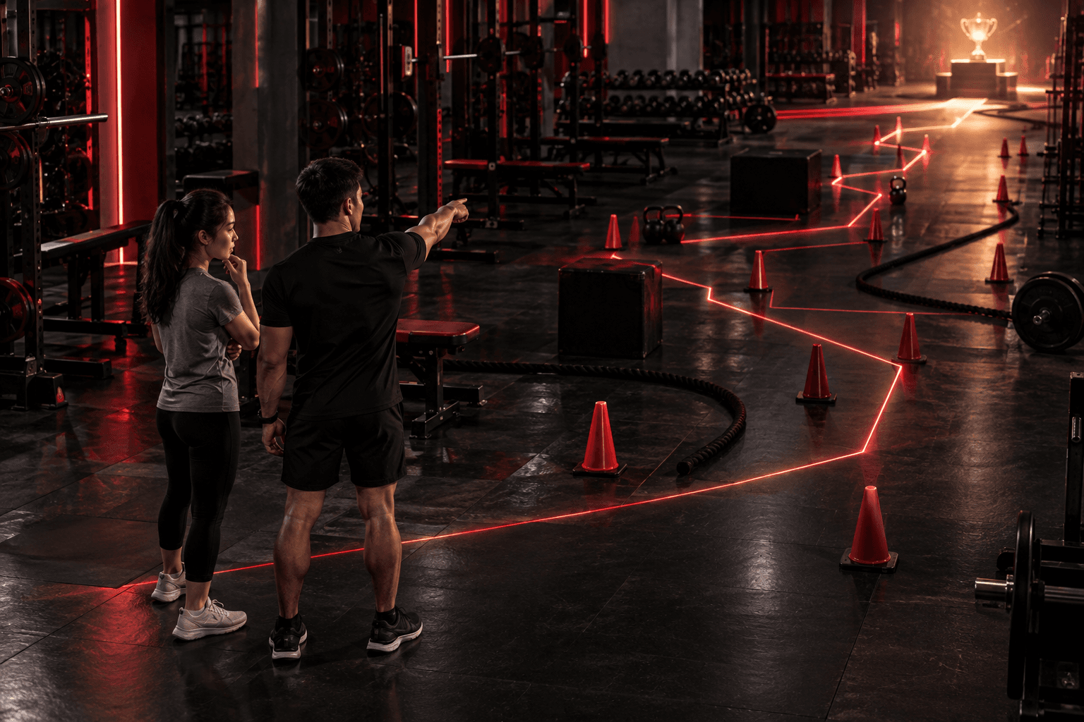 PT dẫn người tập đi thẳng qua mê cung tập luyện tại phòng gym